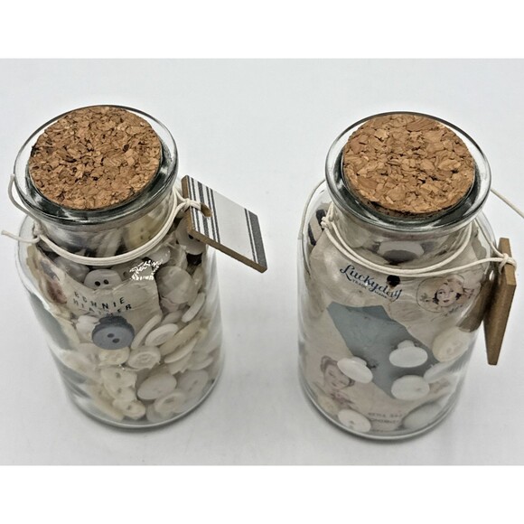 Vintage Buttons In Glass Bottles W/Cork s 5” Tall Various Buttons - Picture 3 of 11